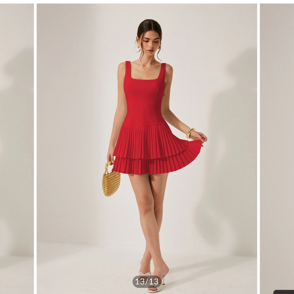 Commense Square Neck Pleated Dress in Red NWT